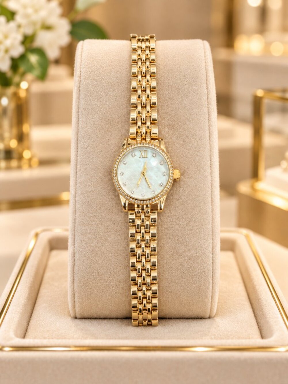 Gold Tone Women’s Watch, Crystal Accent Bracelet Watch, Iridescent Dial Watch